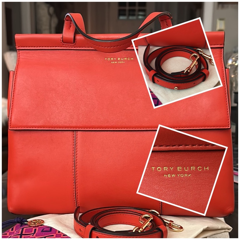 Tory Burch Red Leather T Block bag medium with Gold Hardware